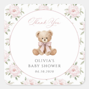 Sticker Carré Nounours rose, ruban rose, fleurs roses, Baby Show
