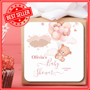 Sticker Carré Nous Pouvons Attendre Pink Pooh Baby shower Ours