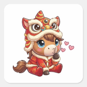 Sticker Carré Nouvel An Chinois Cheval 2026 Zodiaque