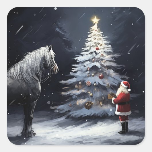 Sticker Carré Nuit silencieuse - Beau cheval et Noël Père Noël (Devant)