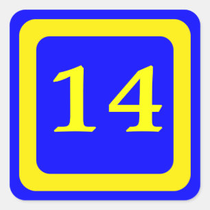 Sticker Carré numéro 14, arrière - plan bleu, cadre jaune