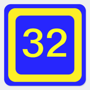 Sticker Carré numéro 32, arrière - plan bleu, cadre jaune