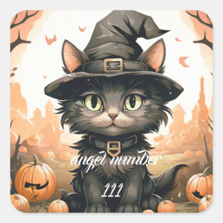 Sticker Carré numéro d'ange personnalisé Halloween chat noir