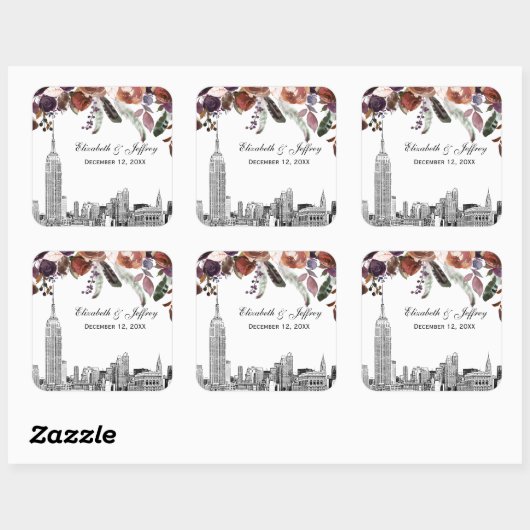 Sticker Carré NYC Skyline ESB Etch Burgundy Plum FlorMariage (Feuille)