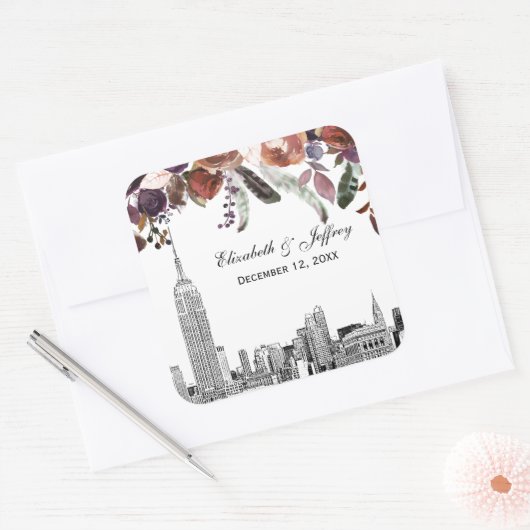 Sticker Carré NYC Skyline ESB Etch Burgundy Plum FlorMariage (Enveloppe)