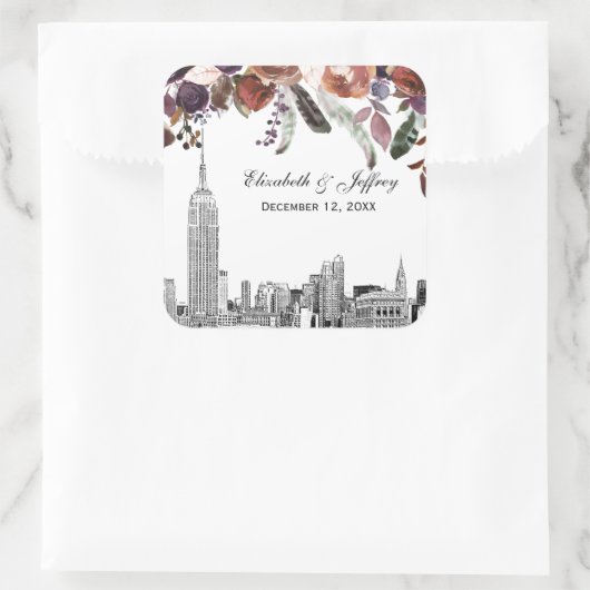 Sticker Carré NYC Skyline ESB Etch Burgundy Plum FlorMariage (Sac)