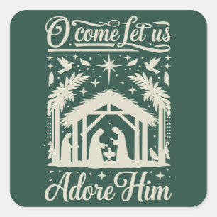 Sticker Carré Ô venez adorons-le scène de nativité chrétienne