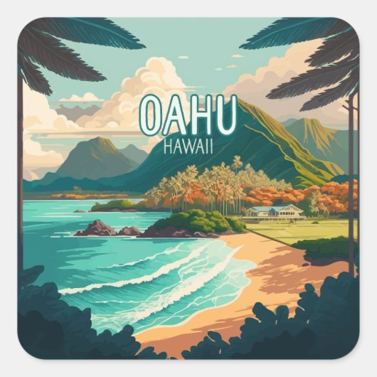 Sticker Carré Oahu Hawaii Beach Vintage Retro (Devant)