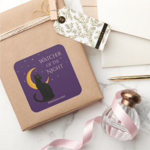 Sticker Carré Observateur de la nuit - Chat noir d'Halloween