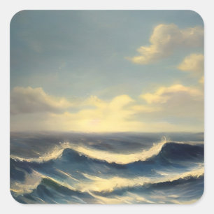 Sticker Carré océan vagues ciel nuageux peinture nautique