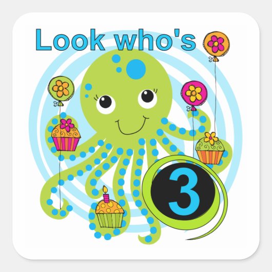 Sticker Carré Octopus 3e anniversaire T-shirts et cadeaux (Devant)