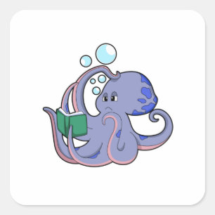 Sticker Carré Octopus à la lecture avec livre