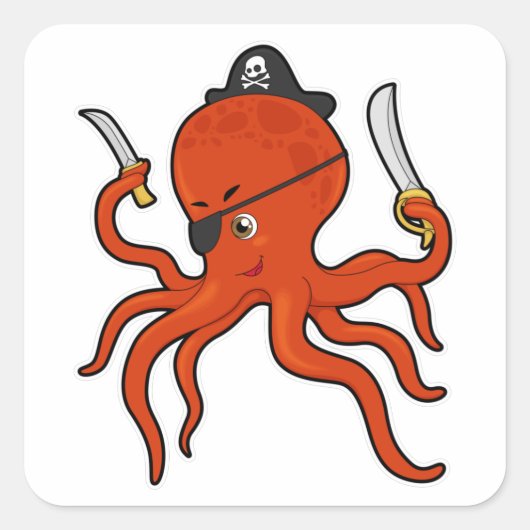 Sticker Carré Octopus comme Pirate avec épée et couteau (Devant)
