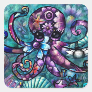 Sticker Carré Octopus lunaire Floral Turquoise Purple Bleu Côte