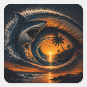 Sticker Carré Œil de la Vague – Coucher de soleil océanique surr