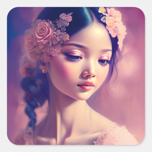Sticker Carré Oeuvre classique d'une fille asiatique (Devant)