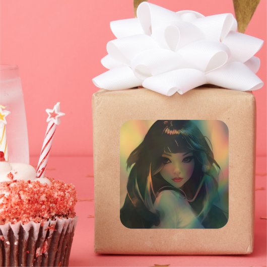 Sticker Carré Oeuvre d'Anime Girl entourée de Rainbow Light (Fête)