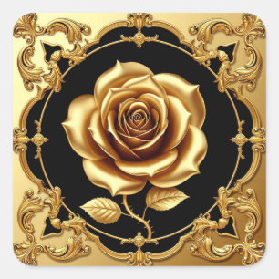 Sticker Carré Œuvre d'art Rose Dorée avec Élément Décoratif Orné