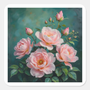 Sticker Carré Œuvre d'art sur pivoines roses sur fond vert émera