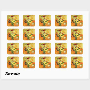 Sticker Carré Œuvre de Van Gogh, Vase japonais avec Roses,