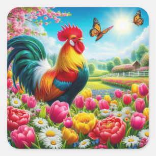 Sticker Carré OEuvre florale/de printemps/de poulet
