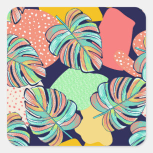 Sticker Carré Oeuvre tropicale : Monstera multicolore