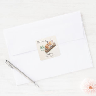 Sticker Carré Oh Baby Beige Chaud Renard de la Forêt Baby Shower