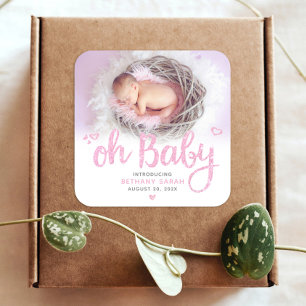 Sticker Carré Oh Baby Chic Sweet Moderne Rose Girl Photo de nais