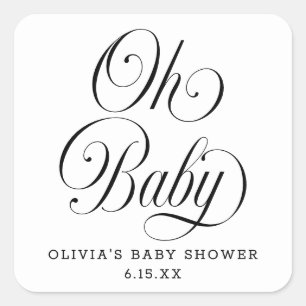 Sticker Carré Oh Baby Elegant Script B & W Baby Shower Favor
