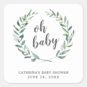 Sticker Carré Oh Baby Rustic Green Baby shower de couronne Favor