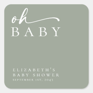 Sticker Carré Oh Baby Sage Green Baby shower minimaliste