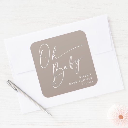 Sticker Carré Oh Baby Script Moderne Baby shower Neutre (Enveloppe)