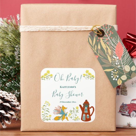 Sticker Carré Oh, bébé Fox fleurs Baby shower cadeau (vacances)