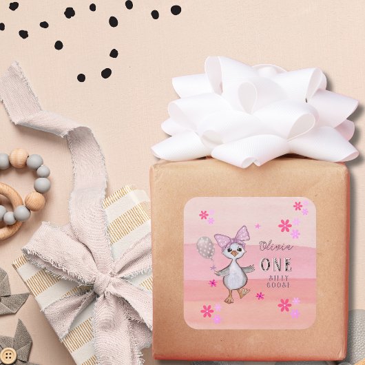 Sticker Carré Oie bête 1er anniversaire Bow rose