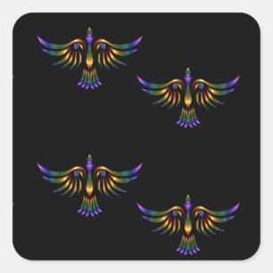 Sticker Carré Oiseau abstrait doré, violet et vert sur noir