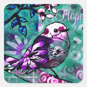 Sticker Carré Oiseau Abstrait Fantaisiste Floral Teal Violet Esp