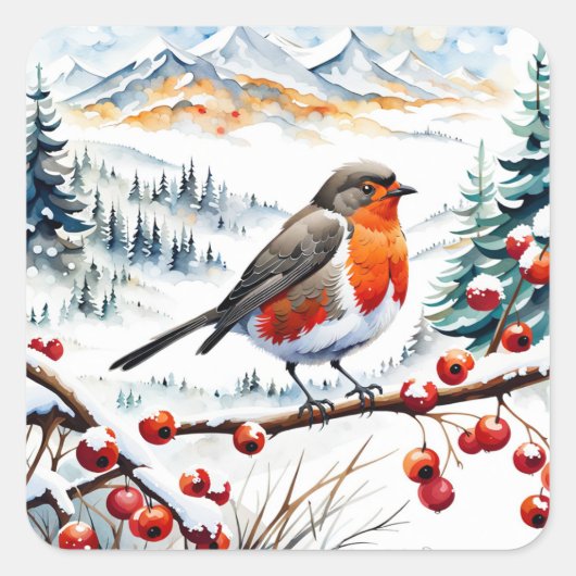 Sticker Carré Oiseau avec neige et baies rouges (Devant)