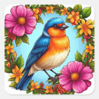 Sticker Carré Oiseau Bleu Et Fleurs Pour Les Amoureux De La Natu