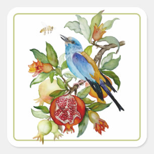 Sticker Carré Oiseau bleu parmi les grenades Botanique à l'aquar