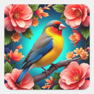 Sticker Carré 🐦 Oiseau chanteur Fleurie Perchoir Jardin lumineu
