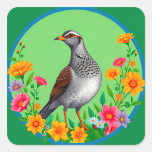 Sticker Carré Oiseau Coloré Parmi des Fleurs Épanouies