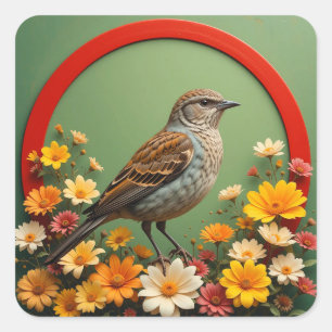 Sticker Carré Oiseau Coloré Parmi les Fleurs Épanouies dans un D