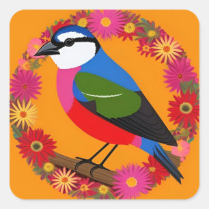 Sticker Carré Oiseau Coloré Perché Parmi les Fleurs