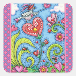 STICKER CARRÉ OISEAU D'ART FOLK, VALENTINE HEARTS GARDEN