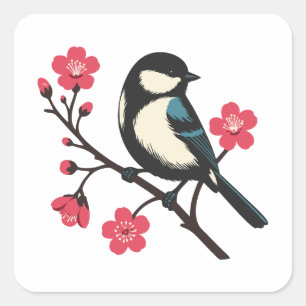 Sticker Carré Oiseau de cerisier en fleur - Art de la sérénité d