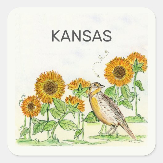 Sticker Carré Oiseau et fleur de l'État du Kansas (Devant)