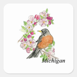 Sticker Carré Oiseau et fleur du Michigan