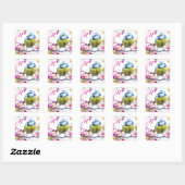 Sticker Carré Oiseau et fleurs roses Monogramme (Feuille)