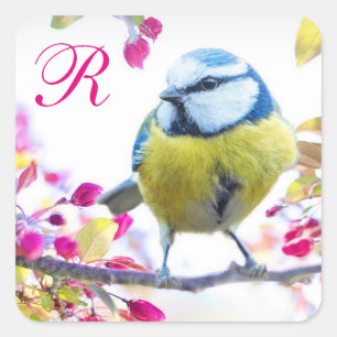 Sticker Carré Oiseau et fleurs roses Monogramme