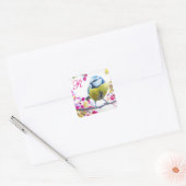 Sticker Carré Oiseau et fleurs roses Monogramme (Enveloppe)